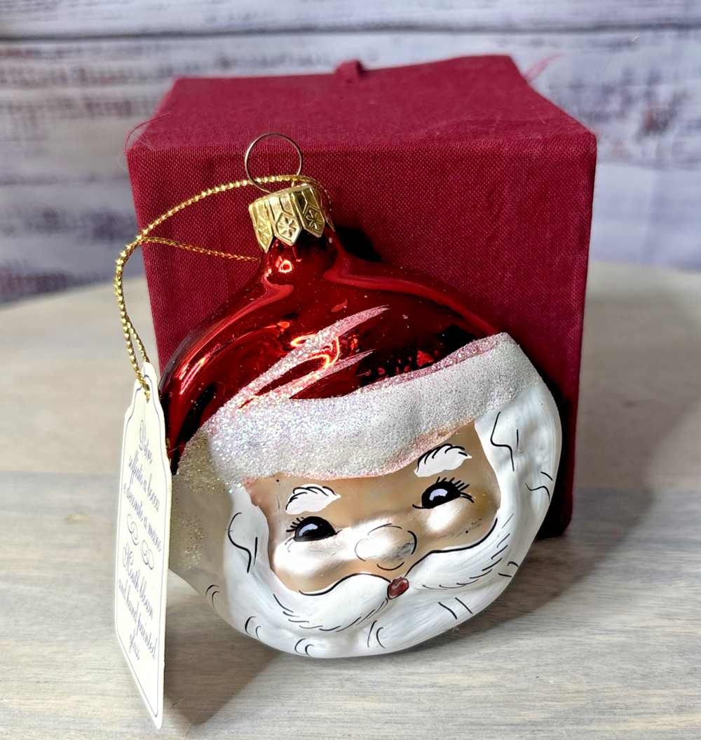 Glass Santa Face Ornament Red Glitter Hat Box Tag